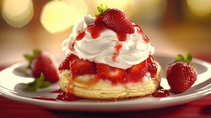 A serving of strawberry shortcake with fluffy biscuits, whipped cream, and juicy strawberries.