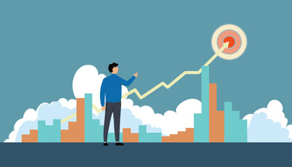 Vibrant graphic of a businessman pointing at a red target on an upward-trending graph, symbolizing goal setting, business growth, and success. This illustration, financial growth.