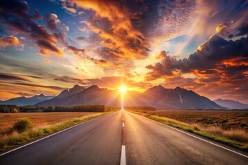 Asphalt Road Leading Towards a Majestic Mountain Range at Sunset with Dramatic Sky