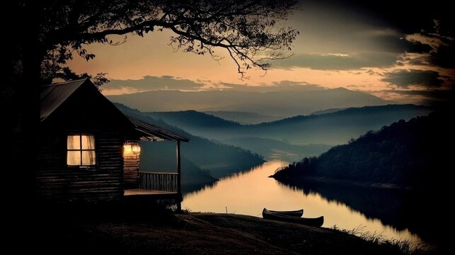 Secluded Cabin Overlooking Serene Lake at Sunset