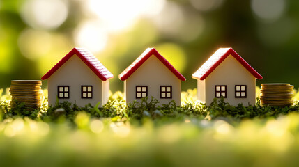 Three houses, coins, green background