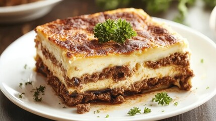 A traditional Greek moussaka with layers of eggplant, ground beef, and creamy bchamel sauce.