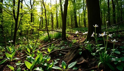 Obraz premium Lush Forest Scene with White Flowers and Green Foliage Outdoors Nature