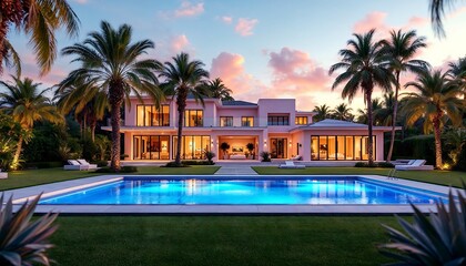 Luxury Villa with Pool at Sunset Surrounded by Palm Trees