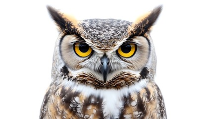 Fototapeta premium Owl portrait, intense gaze, white background, wildlife