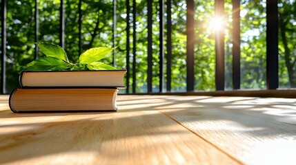 Stack of Books with Green Leaves on Wood Surface and Sunlit Forest