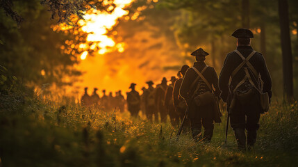 Revolutionary War Soldiers Marching Through Forest at Sunrise – Historical Scene Evoking Patriotism, Sacrifice, and the Struggle for American Independence.
