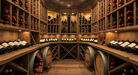 Rows of wine bottles and rustic wooden barrels wine on a wooden shelf elegantly designed wine cellar, perfect for preserving vintage treasures,vintage wine, red
