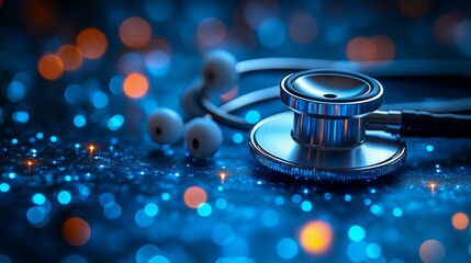 Asian Medical Doctor Conducting a Detailed Diagnosis with a Stethoscope in a Contemporary Blue Health Science Laboratory Setting for Advanced Clinical Assessment