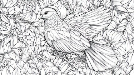 Fototapeta premium Dove amidst flowers, intricate line art, nature background, coloring page