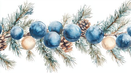 Festive Holiday Decorations with Blue and Cream Ornaments and Pine Cones on Evergreen Branches in Watercolor Style