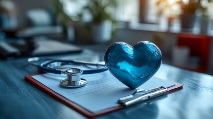 Asian medical professional with a stethoscope forming a heart and holding a clipboard on uniform for compassionate diagnostic delivery in a modern clinical setting
