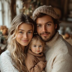 Obraz premium Cozy Family Portrait: A heartwarming image of a young family snuggled together, capturing the essence of love, warmth, and togetherness during a cozy autumn or winter season.