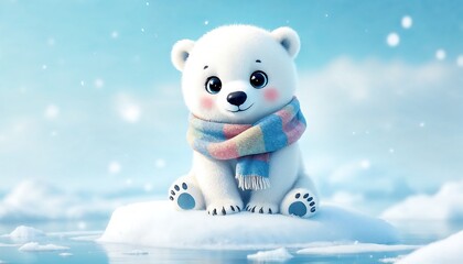 Cute Polar Bear Cub Sitting on Ice Wearing Colorful Scarf