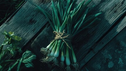 Fototapeta premium A bundle of freshly picked green onions tied together with rustic twine, resting on a wooden surface.