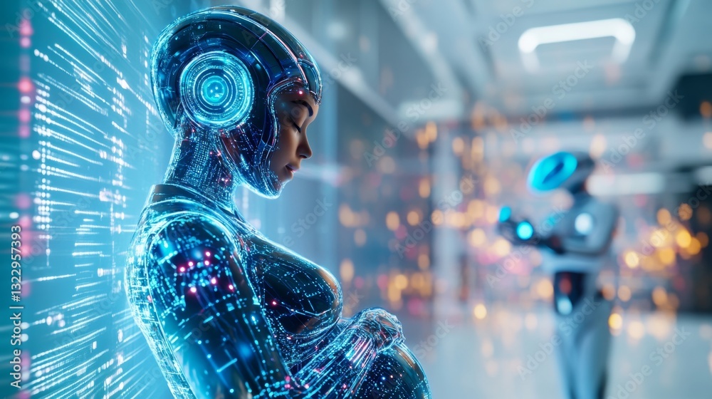 Aufkleber a futuristic environment showcases a pregnant humanoid figure with glowing blue circuitry. another r