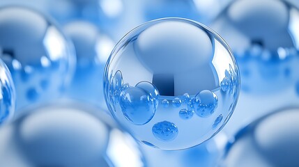 Close-Up of Reflective Blue Glass Ornaments and bubbles in Soft Light