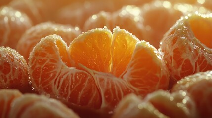A close-up of freshly peeled mandarin oranges, their juicy segments exposed and glistening.