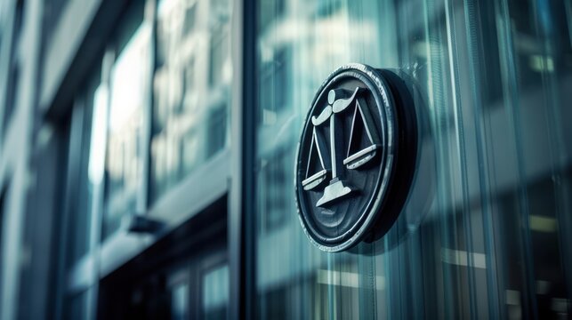 A law firm logo displayed on an office building.