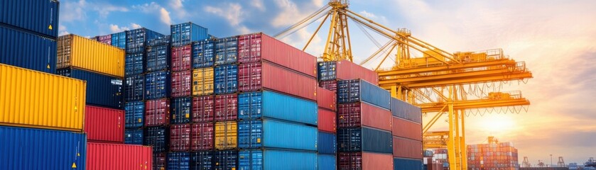 Fototapeta premium Container shipping operations at port industry insights urban environment sunset viewpoint
