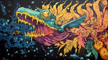 Surreal Underwater Volcanic Landscape with Mythological Plant Species