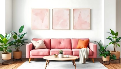 Pink Sofa Three Abstract Prints Textured Style