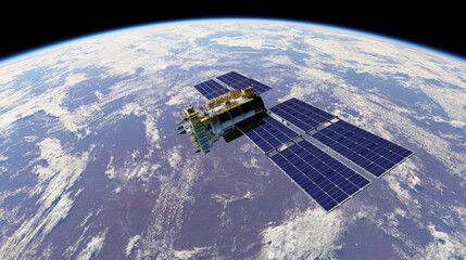 A satellite in orbit flying above the surface of the planet