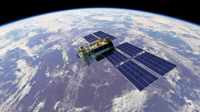 A satellite in orbit flying above the surface of the planet
