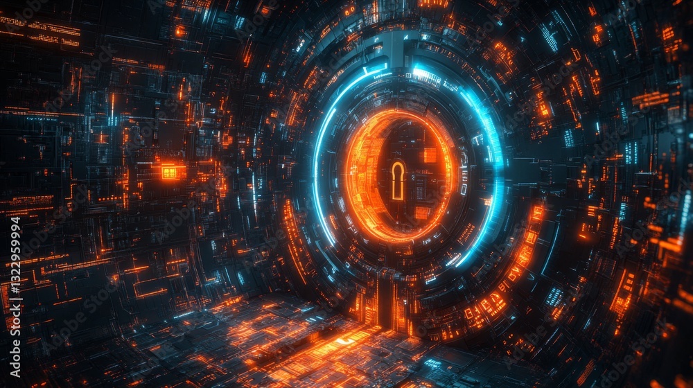 Poster Colorful digital constructs illustrate quantum encryption concepts, highlighting qubits, superposition, entanglement, and security protocols in a futuristic setting.
