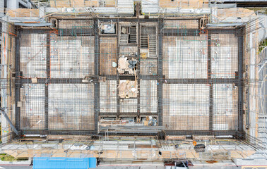 Aerial Steel Rebar Grid Construction Site Building Framework Vie