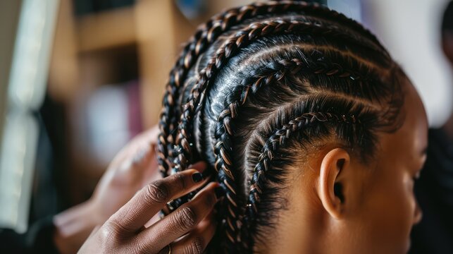 A woman getting her hair braided in intricate designs, highlighting braiding techniques.
