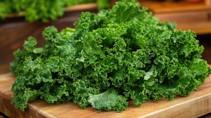 A pile of deep green kale leaves with curly textures, resting on a wooden cutting board.