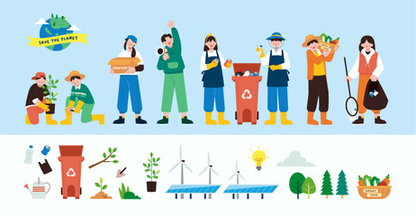 Young people volunteer cartoon characters collecting garbage taking care of plants and saving ecology on planet earth vector illustration. Collection of earth day graphic element poster