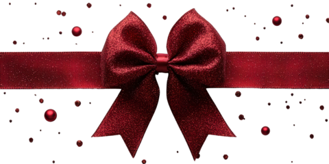 Red ribbon bow, Red gift bows and ribbons, cut out. Elegant satin and organza decorative elements for presents and holidays. Festive packaging accessories in various styles and textures