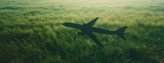 Plane flying over green field