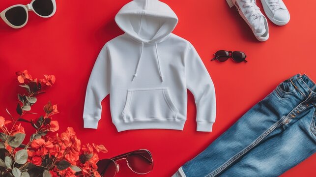 Vibrant flat lay composition featuring casual clothing and floral accents