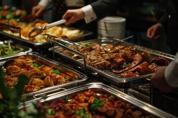 Premium Quality Picture of People Enjoying Buffet Food at a Restaurant, with Grilled Meat