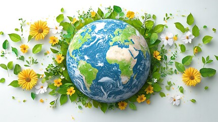 Naklejka premium Beautiful Illustration of Earth Surrounded by Flowers and Plants, green environment and ecology concept