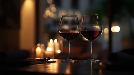Intimate dinner scene, pair of wine glasses, rich red wine, illuminated by candlelight, warm glowing bokeh, dark atmospheric setting, polished table surface, elegant dining experience