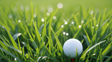 Golf Beginner: A simple yet striking photo of a single golf ball resting on fresh, dewy spring grass, positioned to the far left of the frame with ample copy space on the right