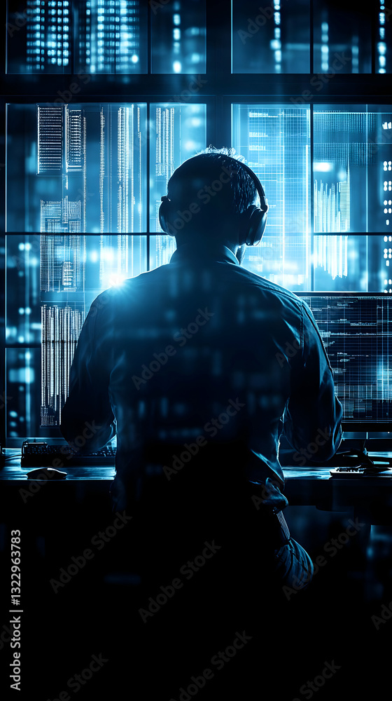 Poster night coder, city view, coding, work