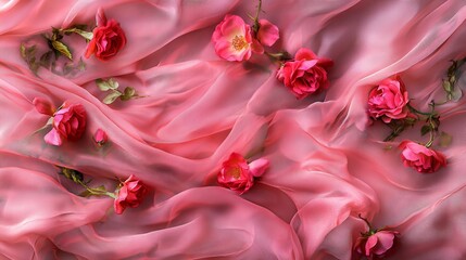 luxurious silk fabric waves with scattered rose blooms, elegant blush pink tones, feminine minimalist composition, gentle textile texture, professional studio lighting, premium fashion editorial