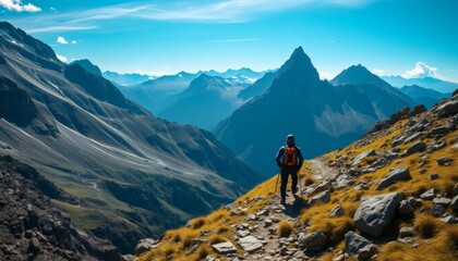 Hiker on a Mountain Trail with Backpack Walking Towards Majestic Peaks in Landscape
