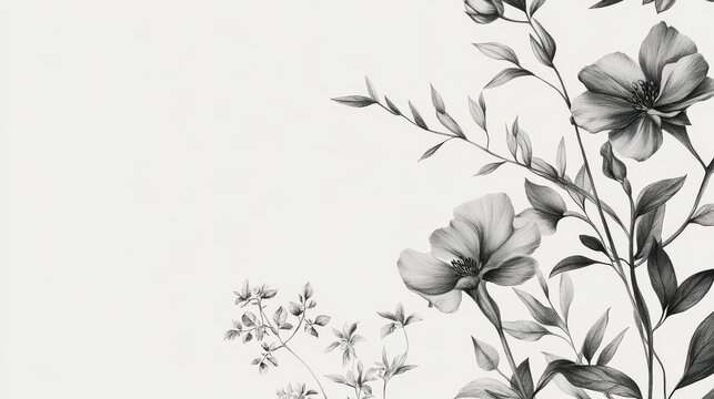 luxury hand-drawn botanical elements, delicate floral motifs, minimalist nature sketches, elegant pencil artwork, subtle gray shading, refined botanical collection, high-quality line drawing,