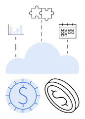 Cloud linking puzzle piece, calendar, bar graph, and dollar coins, highlighting collaboration, data integration, and financial management. Ideal for fintech, planning analytics connectivity
