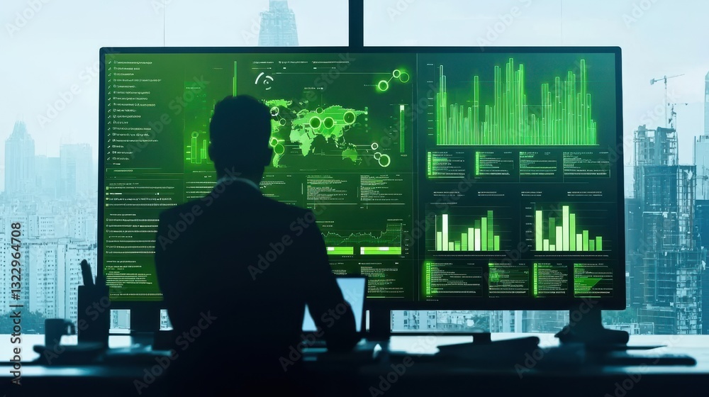 Poster data scientist concept. futuristic data science lab with analytical dashboards and insights