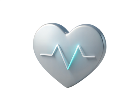 A modern holographic 3D heart symbol with a heart rate line, isolated on white background, representing health, care, and vitality. Ideal for healthcare, medical, and wellness content.