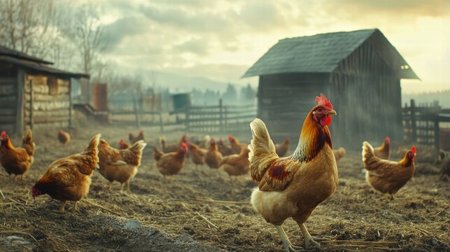 Chickens Roaming Freely in Barnyard Under Soft Morning Light - Powered by Adobe