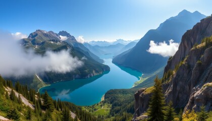Obraz premium Majestic Mountain Lake with Turquoise Water Surrounded by Green Trees and Cliffs