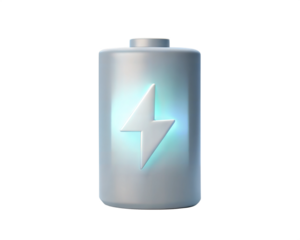 A futuristic holographic 3D battery icon with a lightning bolt symbol, isolated on white background, representing energy, power, and charging. Perfect for technology, energy, and mobile app design.